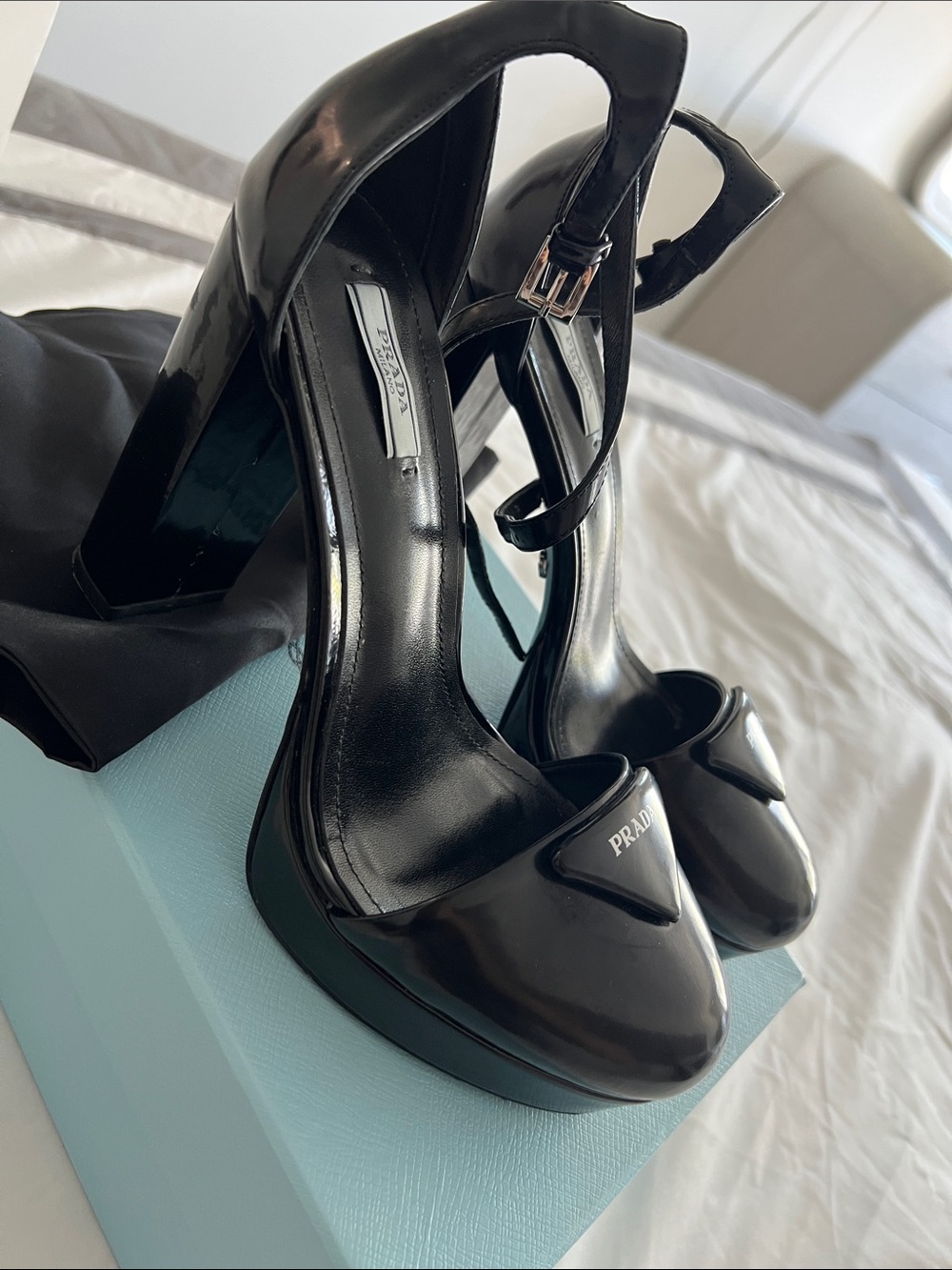 Prada Black Patent Leather Ankle-Strap Pumps with Logo Plaque - Picture 2 of 2